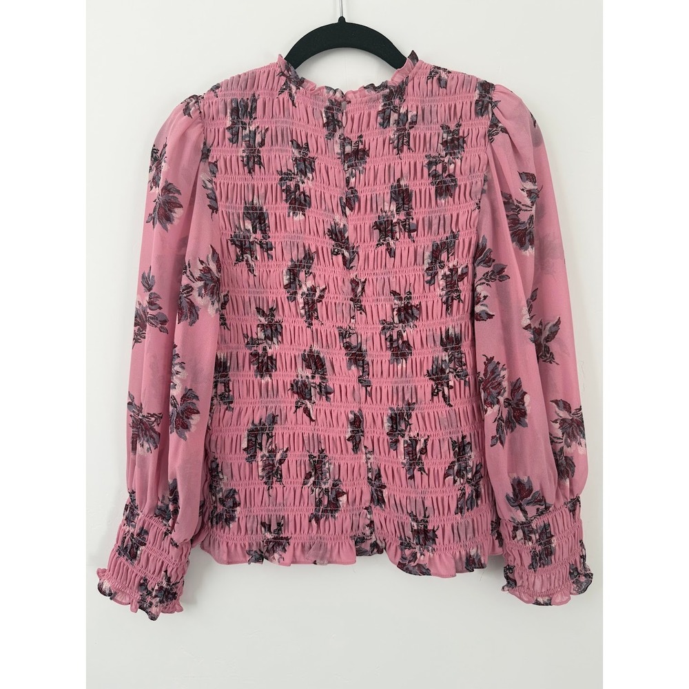Cinq a Sept Pink Floral Smocked Chiffon Blouse - Picture 4 of 7